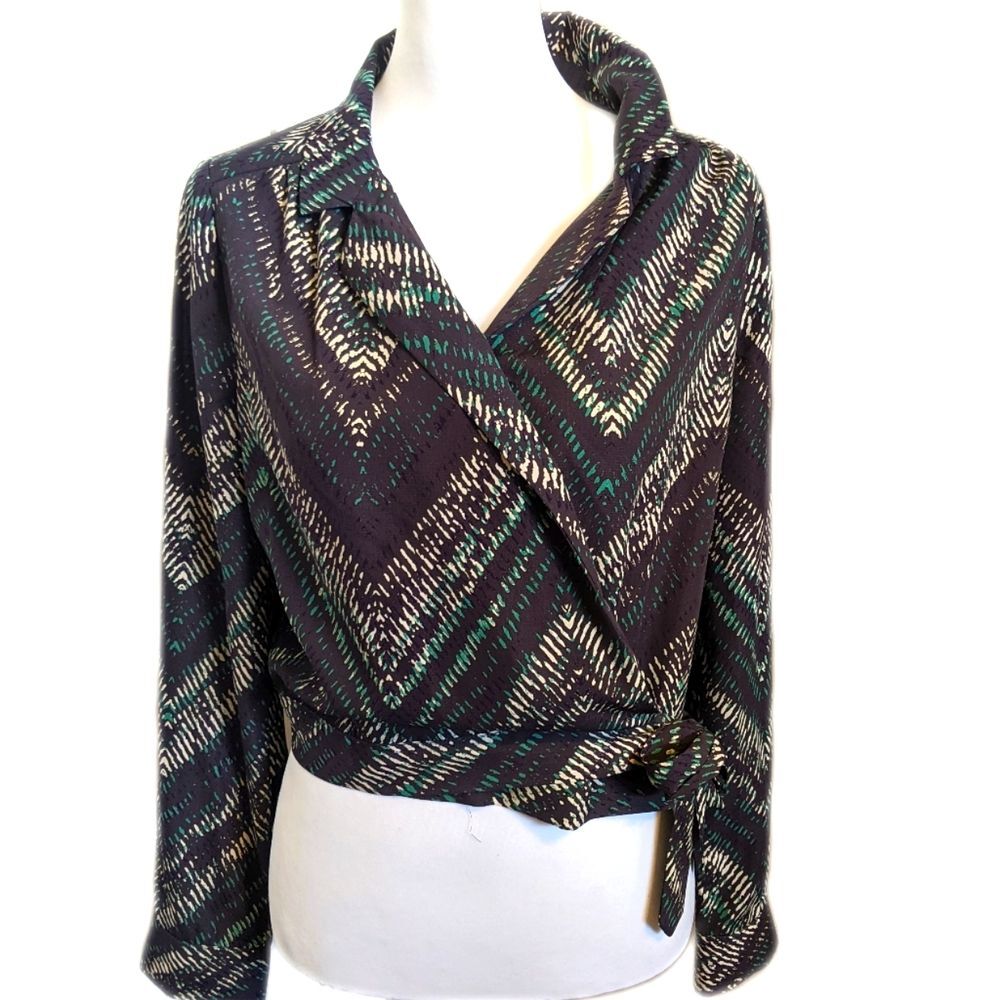 Skies Are Blue wrap blouse, black taupe green, side tie, size M